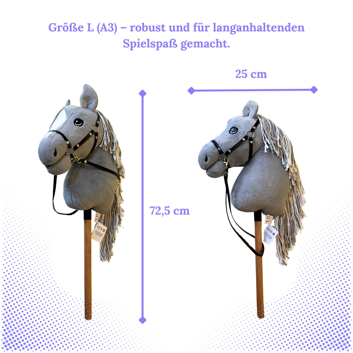 Hobby Horse Grau Größe A3 – Steckenpferd Kinder mit Halfter & Leine – hochwertiges Hobby Horse für Abenteuer & Kreativität